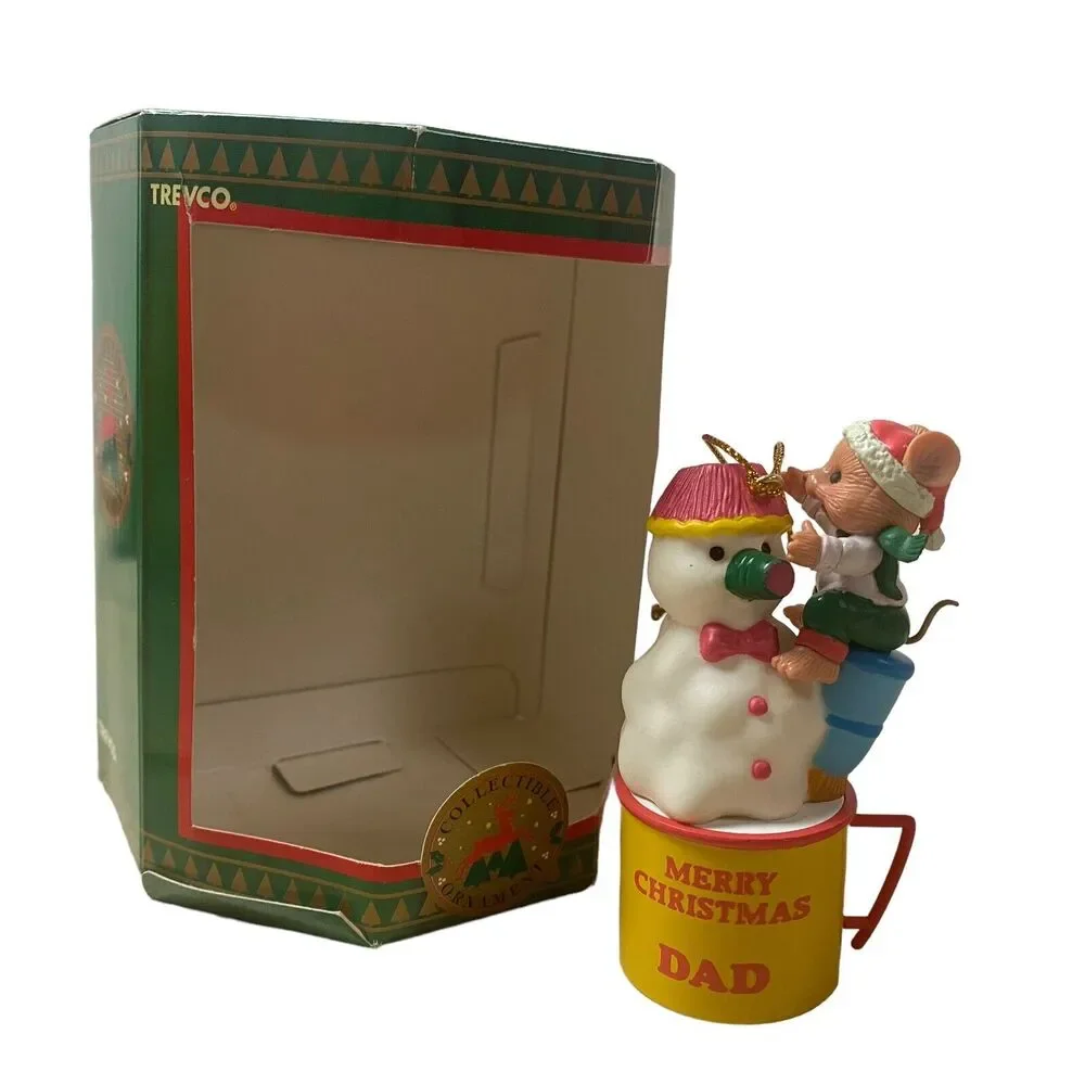 Vintage Trevco Snowman Ornament Climbing Mouse Miniature Merry Christmas Dad Cup